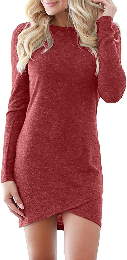 OrchidAmor Womens Solid Elegant Stretchy Long Sleeve T Shirt Short Club Mini Dress