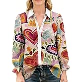 CHERRYBETTY Women Valentine's Heart Print Blouses Multiple Styles Long Sleeve Button-Down Shirts Tops