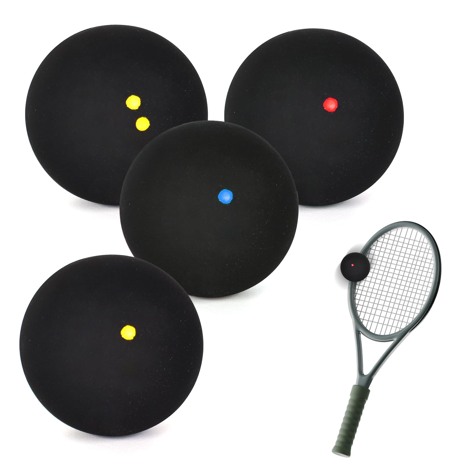 Homirty Squash Balls Set of 4 Sports Squash Ball, Double Yellow Dots, Single Yellow Dots, Single Red Dots, Single Blue Dots, High Bounce Squash Ball for Beginners, Competition and Training