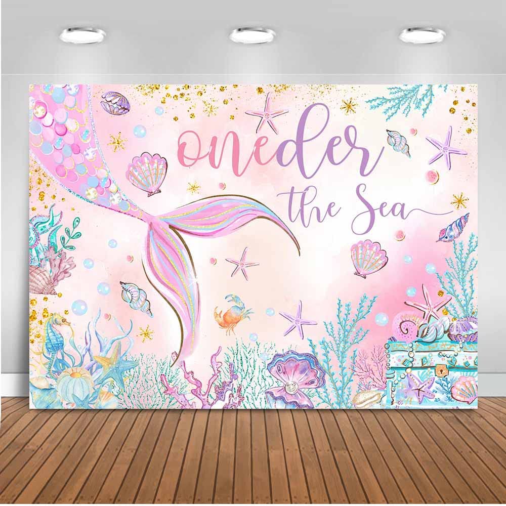 Meerjungfrau Hintergrund „Oneder The Sea“ Für 1. Geburtstag – 2,1x1,5 M, Rosa, Mit Seestern & Algen