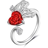 Butterfly Heart Birthstone Ring - 925 Sterling Silver Rose Cut Cubic Zirconia Adjustable Butterfly Ring Anniversary Engagement Promise Ring Birthday Jewelry Gift for Women Wife Mom Daughter