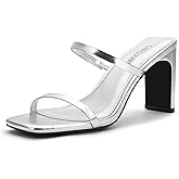 Carcuume Women's Square Toe Two Strap Open Toe Block Heels Sandals Slip On Shoes