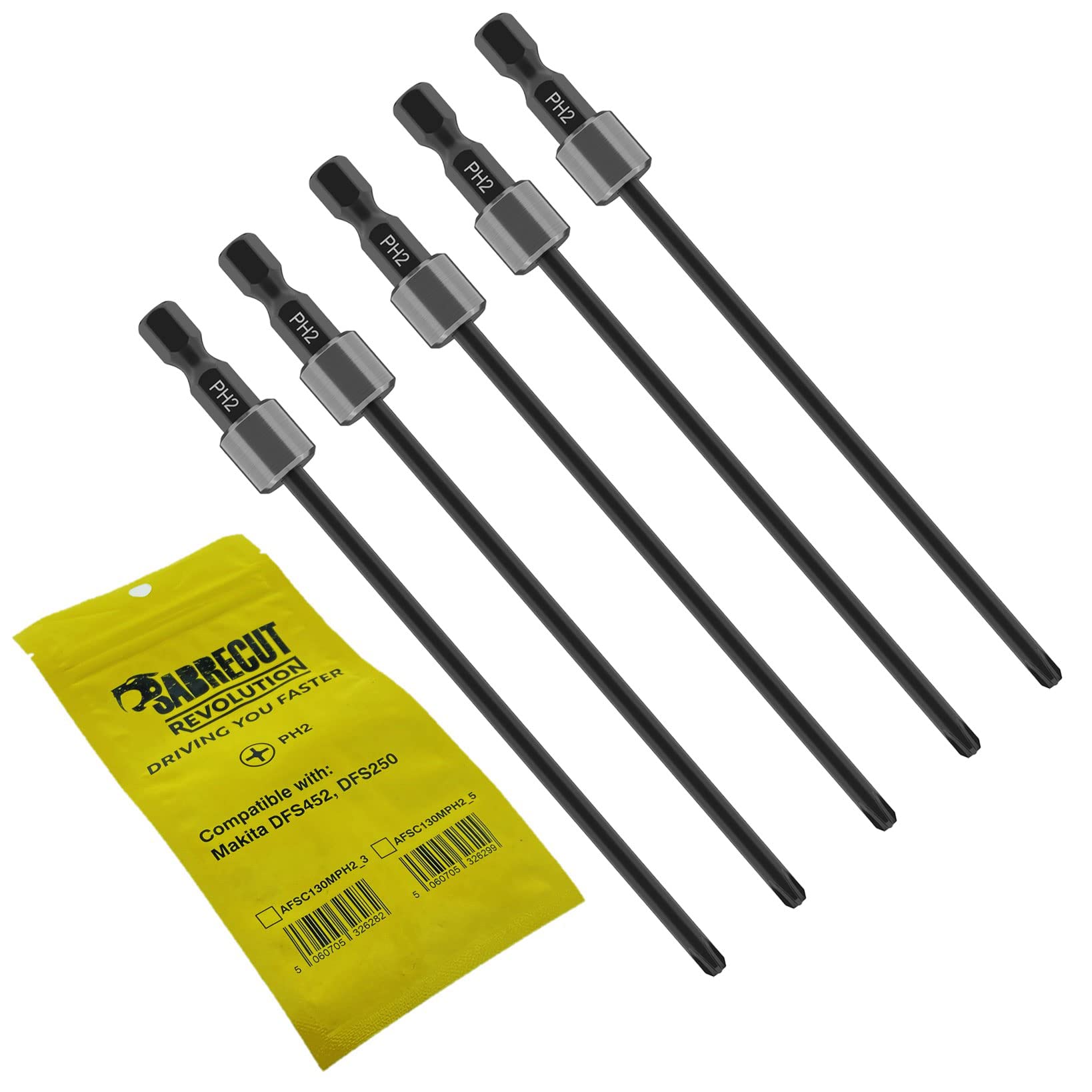 5 x SabreCut AFSC130MPH2_5 130mm PH2 Compatible with Makita DFS250 DFS452 199155-7 Autofeed Collated Drywall Screwdriver Gun Bit Single Ended Phillips No.2 Heavy Duty