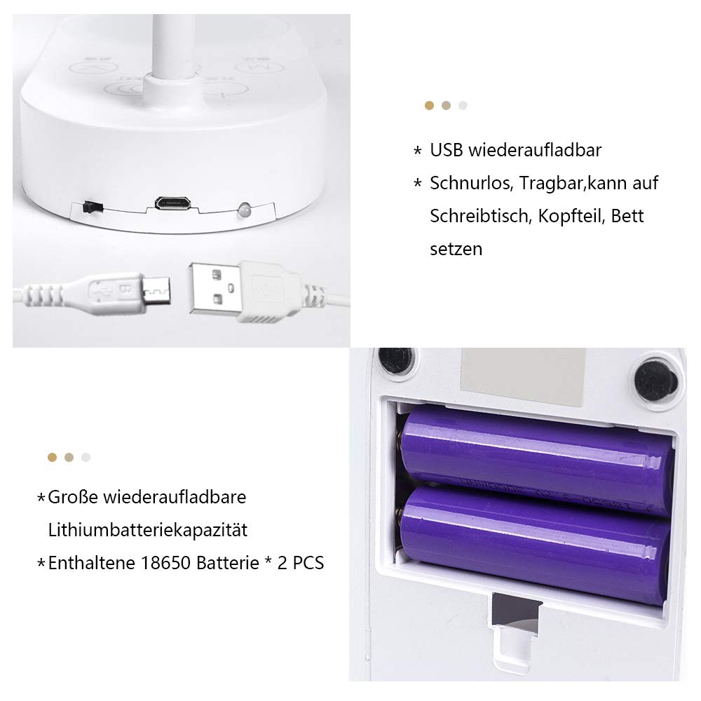 Wiederaufladbar Batteriebetrieben LED Schreibtischlampe Tisch leuchte Lese lampe buch licht USB Aufladbar Akku 3 Farben Dimmbar Kabellos Touch Augenschutz Kinder Studie Bett nachttisch Schlafzimmer