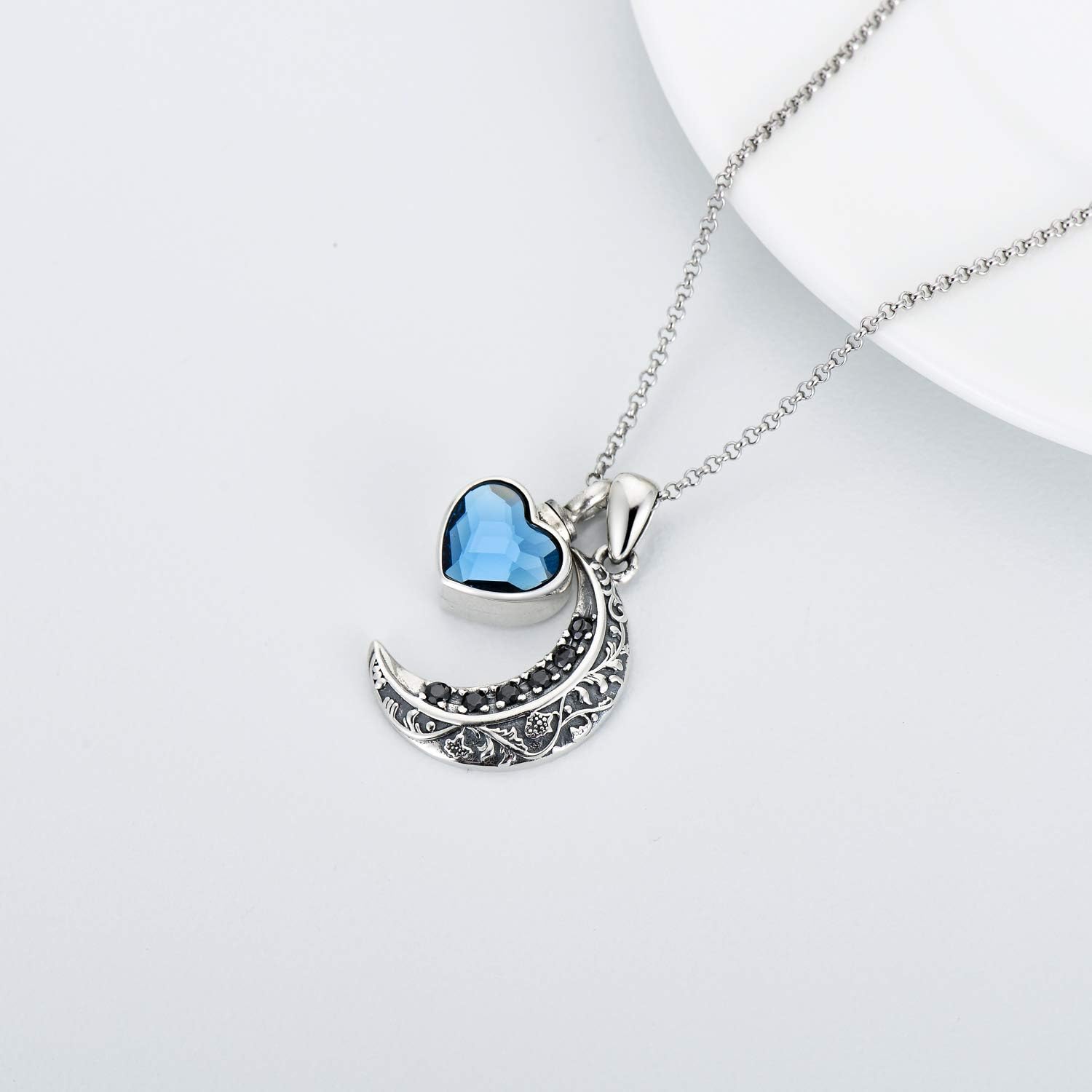 Love Heart Urn Necklace for Ashes Sterling Silver Crescent Moon Pendant Cremation Memorial Keepsake Pendant with Blue Heart Crystal: Clothing