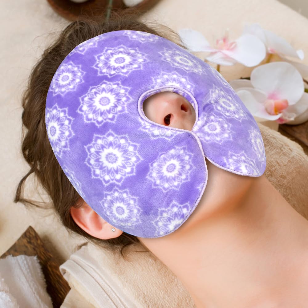 Photo 1 of Conbella Heated Face Mask, Microwave Heating Pad for Face, Sinus Mask for Migraine, Tension, Stress, Headache, Relaxation (Purple with Flowers)