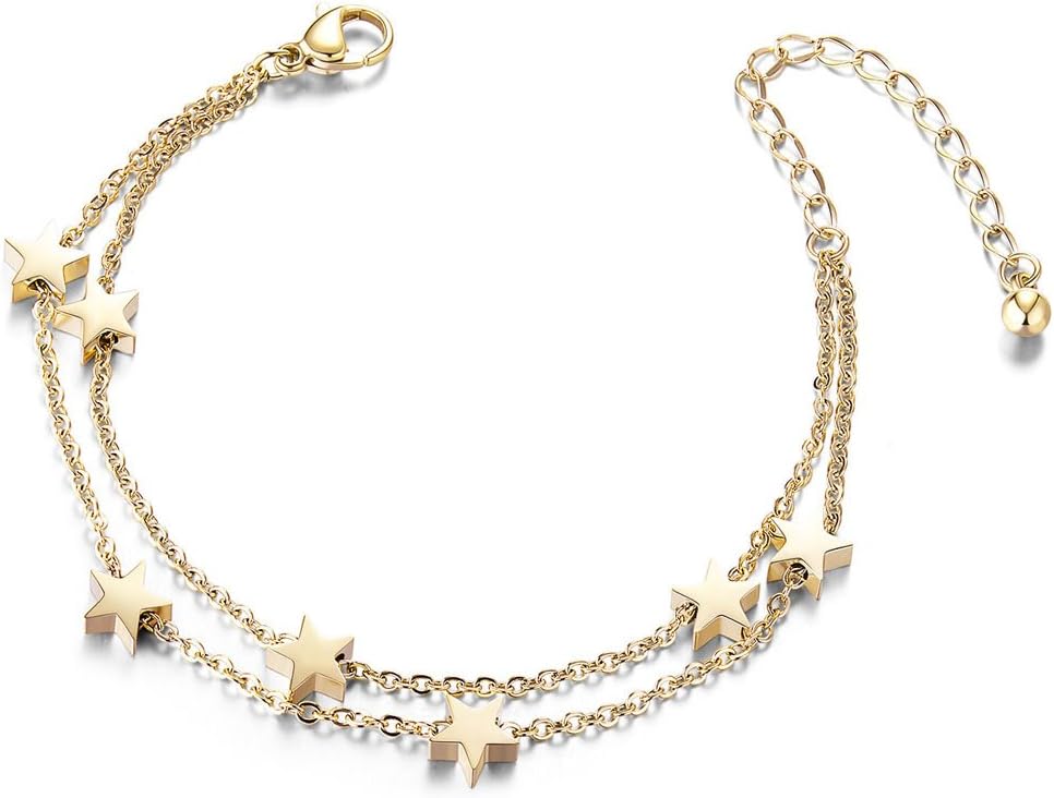 Sweetiee Star Anklet Rose Gold Double Chain Charms Anklet Bracelet for Women Beach Casual