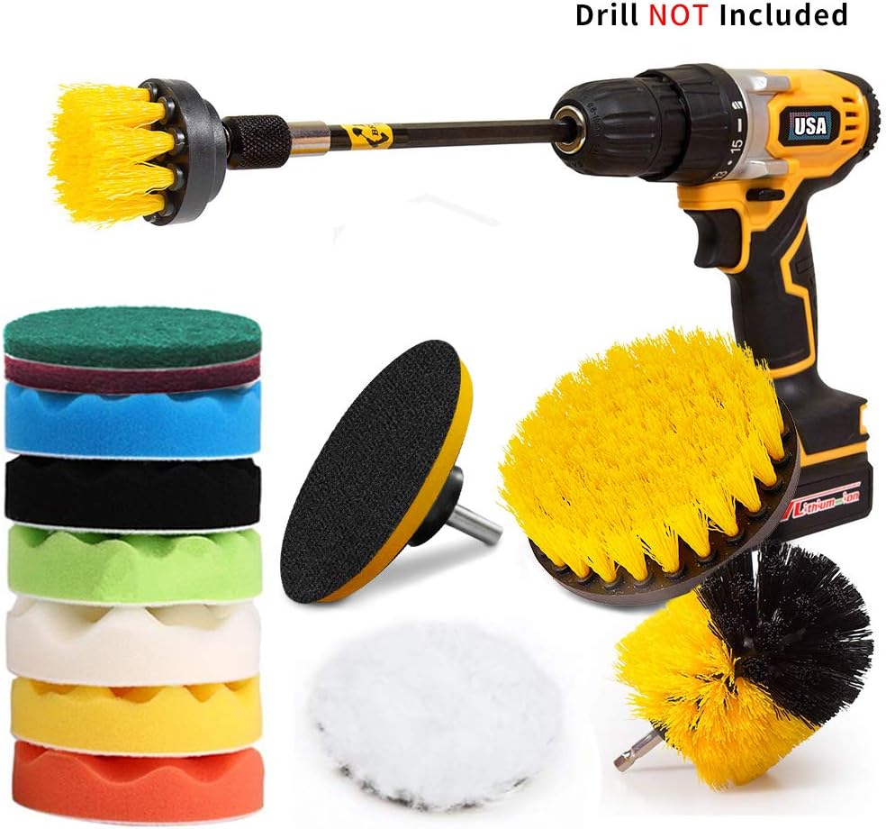 14Pcs Drill Brush Attachment Set, Power Scrub Pads Drill Brush Kit, Scrub Pads&Sponge, Power Scrubber Brush with Extend Long Attachment for Kitchen, Bathroom, Auto, Grout, Carpet, Shower