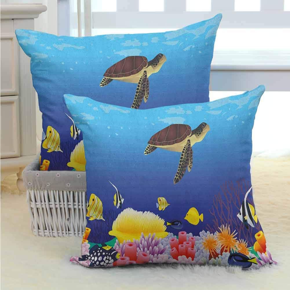 DuckBaby Living Room Sofa Hug Pillowcase Ocean,Modern Cartoon Deep Sea Nautical Navy Aquarium Fish Turtle Rocks Moss Artwork Print, Multicolor W16 x L16 inch x 2