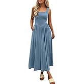 Mieazom Women's Summer Maxi Dress 2026 - Sleeveless Square Neck Casual Beach Sundress with Pockets, Flowy Patchwork Knit