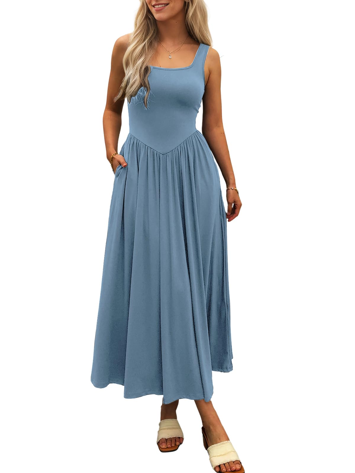 Photo 1 of ***(HEAVILY USED/  MINOR STAIN)***Mieazom Women's Summer Maxi Dress 2025 - Sleeveless Square Neck Casual Beach Sundress with Pockets, Flowy Patchwork Knit Blue S