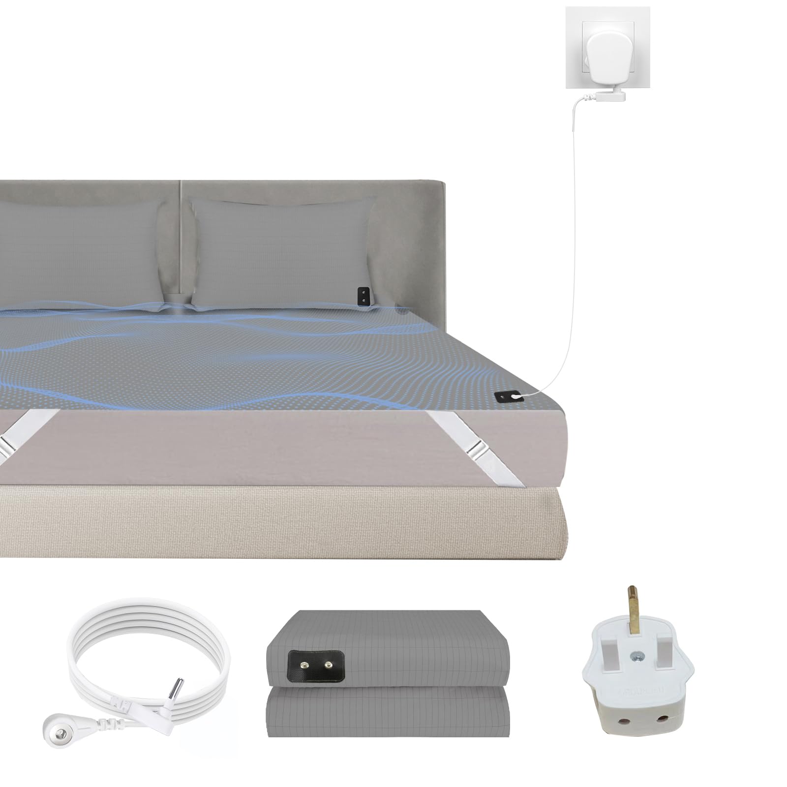 HUNAIGEE Grounding Bed Sheet with Silver Fiber Grounding Sheets Conductive Grounded Mat Soft King Size 153x203cm for Bed Earthing Mat with 4.6m Cord Grey