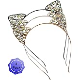 Cat Ears Headband Rhinestone Cat Hair Bands Crystal Halloween Hair Hoop Women Hairband Party Decoration Headdress Cosplay Costume Headwear Handmade Headpiece Makeup Hair Accessories 3 Pack