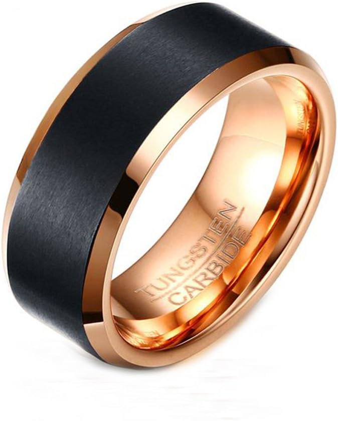 LANCHENEL Mens 8MM Tungsten Steel Rose Gold Black Rings