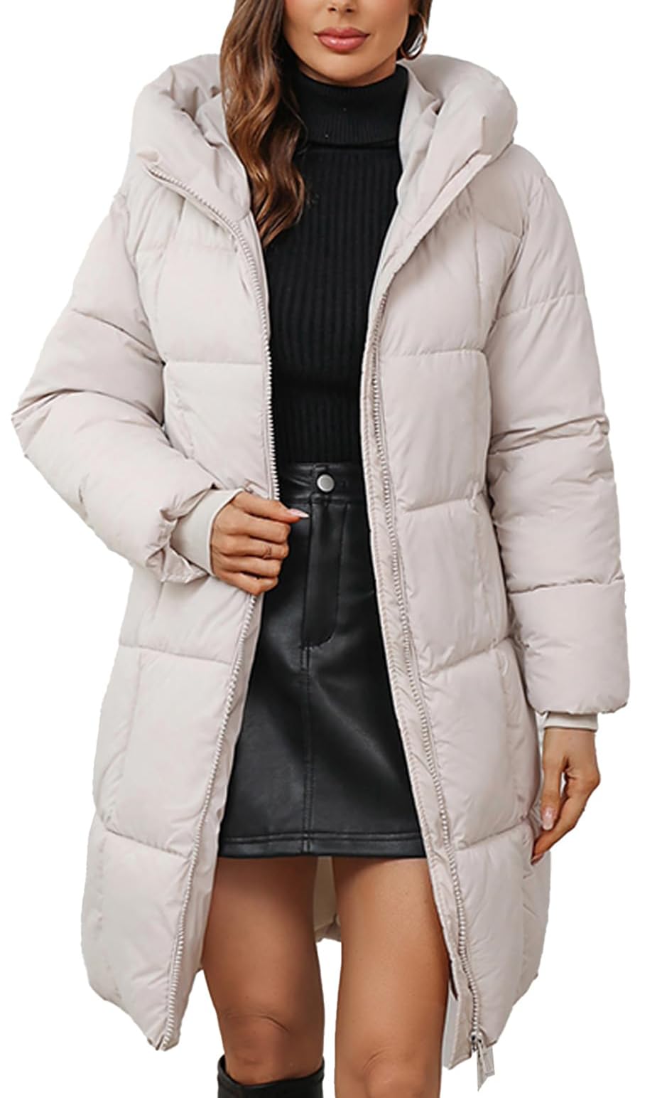 Photo 1 of ceauros Women's Hooded Long Puffer Coat Winter Warm Full Zip Lightweight Quilted Jacket with Pockets(Beige,Large)