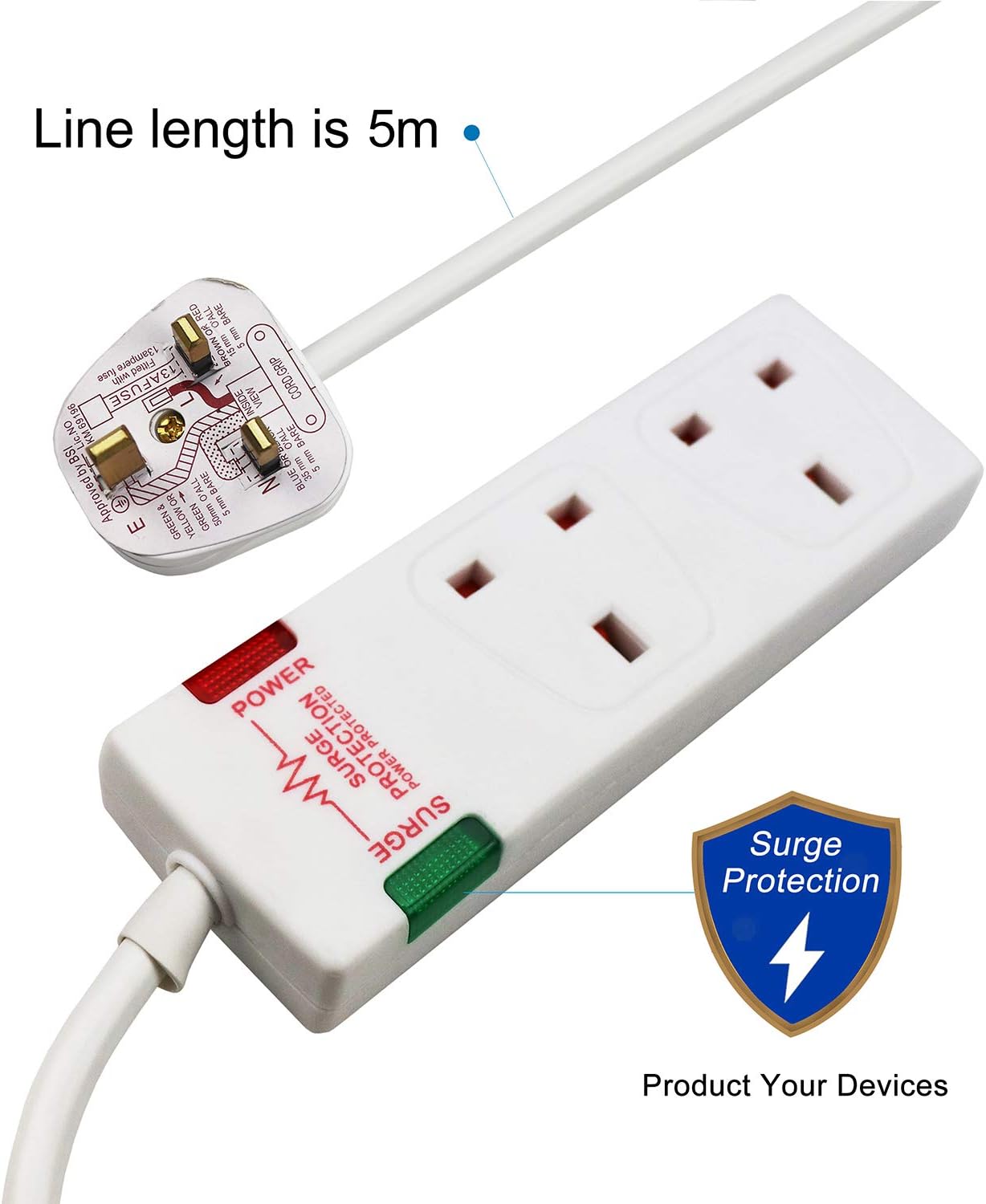 ExtraStar 2 Way Surge Protected British Approved 13A Power Mains Extension Lead (White, 5M) - Image 5