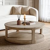 WILLIAMSPACE 40" Round Coffee Table with Wheels, Circle 2 Tier Solid Wood Center Coffee Table, Mid Century Retro Farmhouse Rounded End Table for Living Room Apartment, &oslash;40 x 17.52" H (Oak)