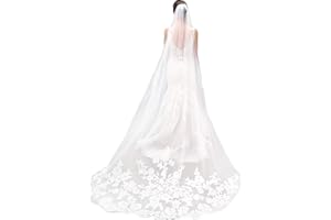 MisShow White Ivory Wedding Veils Lace Edge Cathedral Length Wedding Bridal Veil with Comb for Women, 118 Inches