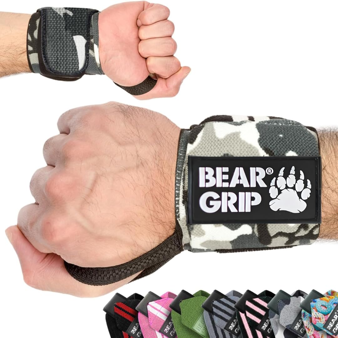 BEAR GRIP - Weight lifting wrist support wraps (Sold in pairs) (Camo/Grey/Edge)