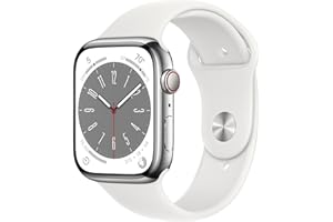 Apple Watch Series 8 (GPS + Cellular, 45MM) Silver Stainless Steel Case with White Sport Band (Renewed)