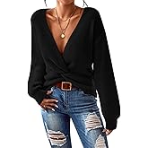 Pink Queen Women's 2025 Casual Pullover Sweaters Sexy V Neck Long Sleeve Twist Knot Cropped Knit Sweater Tops