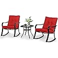 SOLAURA 3 Piece Outdoor Rocking Chairs Bistro Set, Metal Frame Patio Conversation Sets with Glass-Top Coffee Table and Cushions (Red)