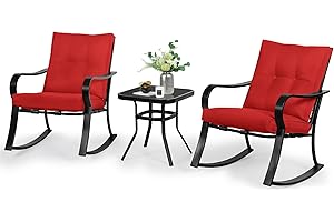 SOLAURA 3-Piece Outdoor Rocking Chairs Bistro Set, Black Iron Patio Furniture with Red Thickened Cushion & Glass-Top Coffee Table