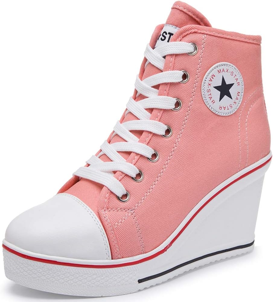 Women Casual Wedges Sneakers Slip On Breathable Lace Up Comfortable Canvas High Top Walking Shoes