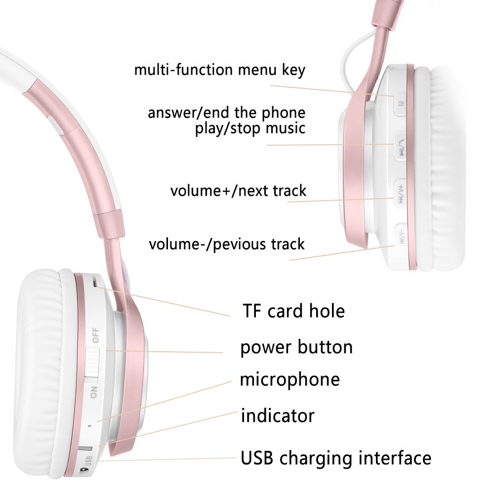 Picun Wireless Bluetooth Headphones 4.0 Foldable Headset Stereo Bass Built-in Mic for Women Girls (Rose Gold)