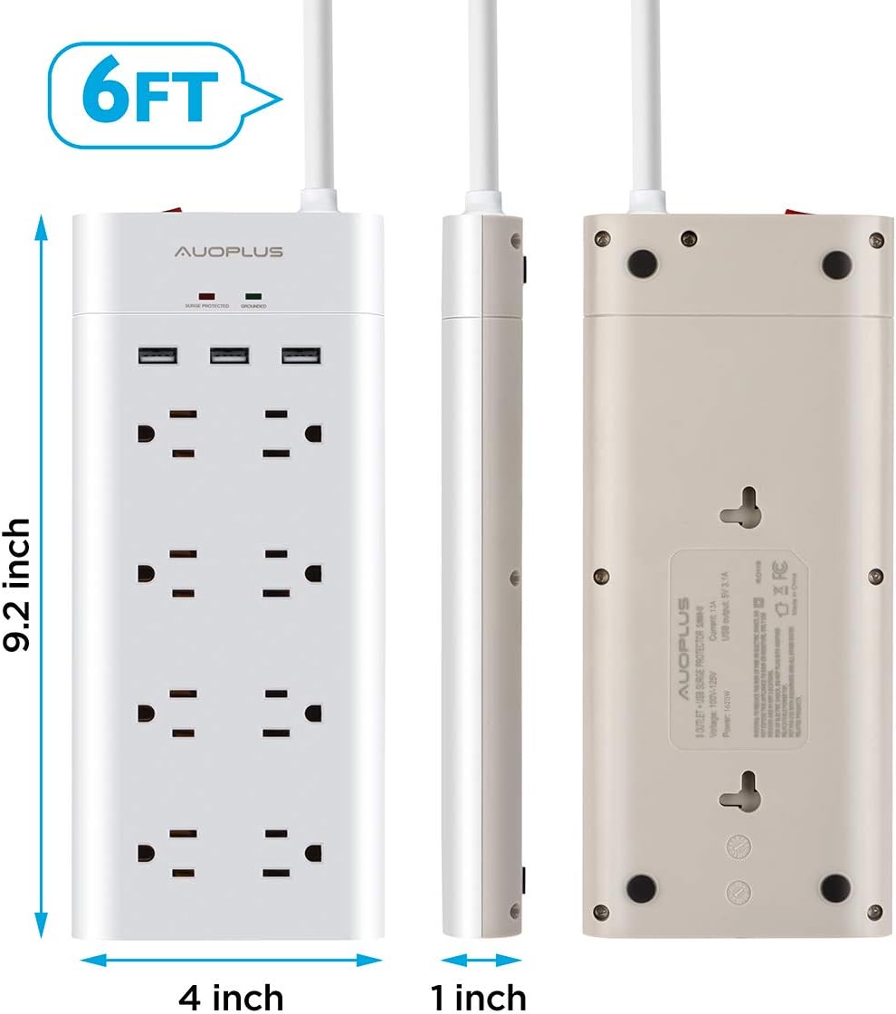 Power Strip with USB, AUOPLUS Grounded Surge Protector with 8 Outlets and 3 USB Ports[Flat Plug/Wall Mountable] 6FT Extension Cord, Desktop Charging Station for Computer Laptops Smartphone Home Office: Electronics