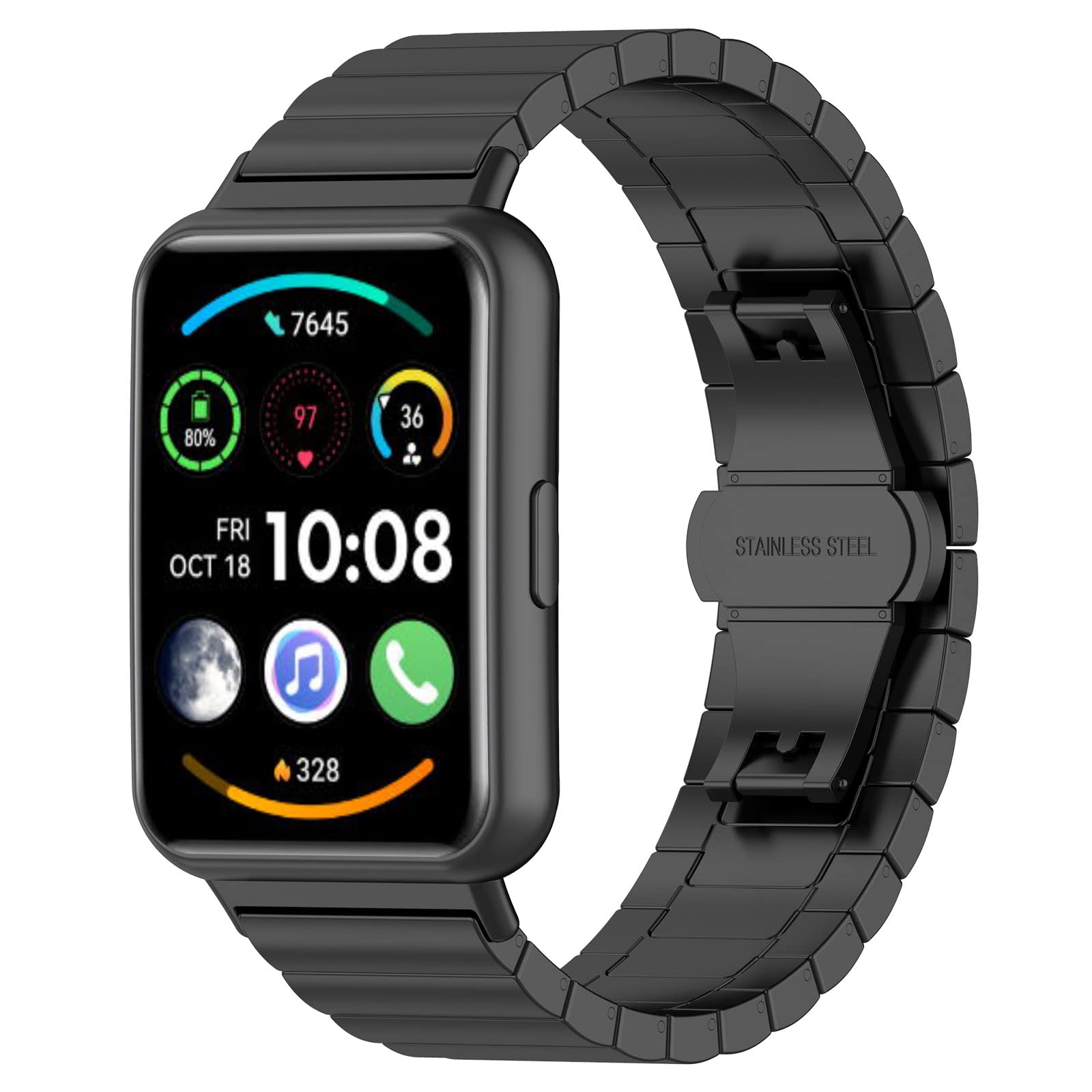 Miimall Compatible with Huawei Watch Fit 2 Metal Strap, Stainless Steel Replacement Band Ultra-thin Sturdy Durable Folding Clasp Adjustable Replacement Wristband for Huawei Watch Fit 2-Black