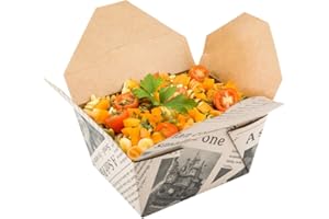 Restaurantware Bio Tek 30 Ounce Take Out Boxes 200 To Go Lunch Boxes - Tab-Lock Closure Heat-Tolerant Newsprint Paper Disposable Lunch Boxes Greaseproof For Hot And Cold Foods