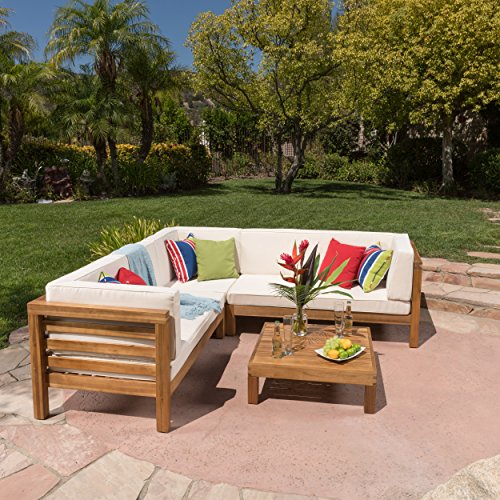 Great Deal Furniture | Ravello | 4-Piece Outdoor Acacia Wood Sectional Set w/Water Resistant Cus ...