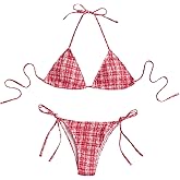 MakeMeChic Women's 2 Piece Bikini Sets Gingham Print Plaid Halter Triangle Tie Side Swimsuit Bathing Suit