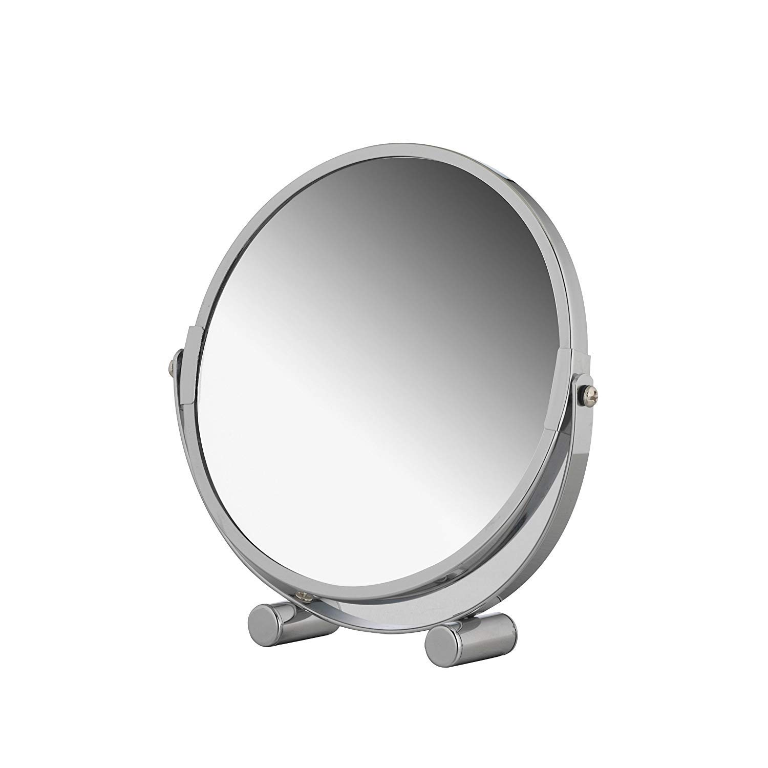 axentia Free Standing Swivel Magnifying Mirror, Portable Chromed Metal Cosmetic Vanity Mirror with up to 3x Magnification, Round Double-sided Make Up Mirror, Table Rotating Bathroom Shaving Mirror, Diameter approx. 17 cm, Silver