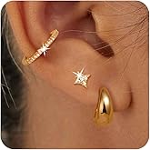 3 Pairs Gold Earrings for Women Trendy, 14K Gold Plated Hypoallergenic Chunky Cartilage Hoop Earring Set Dainty CZ Stud Earring Huggie Stacks Fashion Accessories Jewelry Valentines Day Gifts for Her