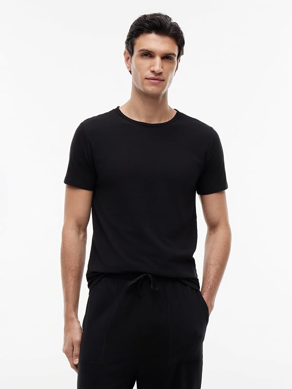 Camisetas de Manga Corta Pack de 3 Hombre Stretch con Cuello Redondo, Negro (Black/Black/Black), L — foto 7 de 7