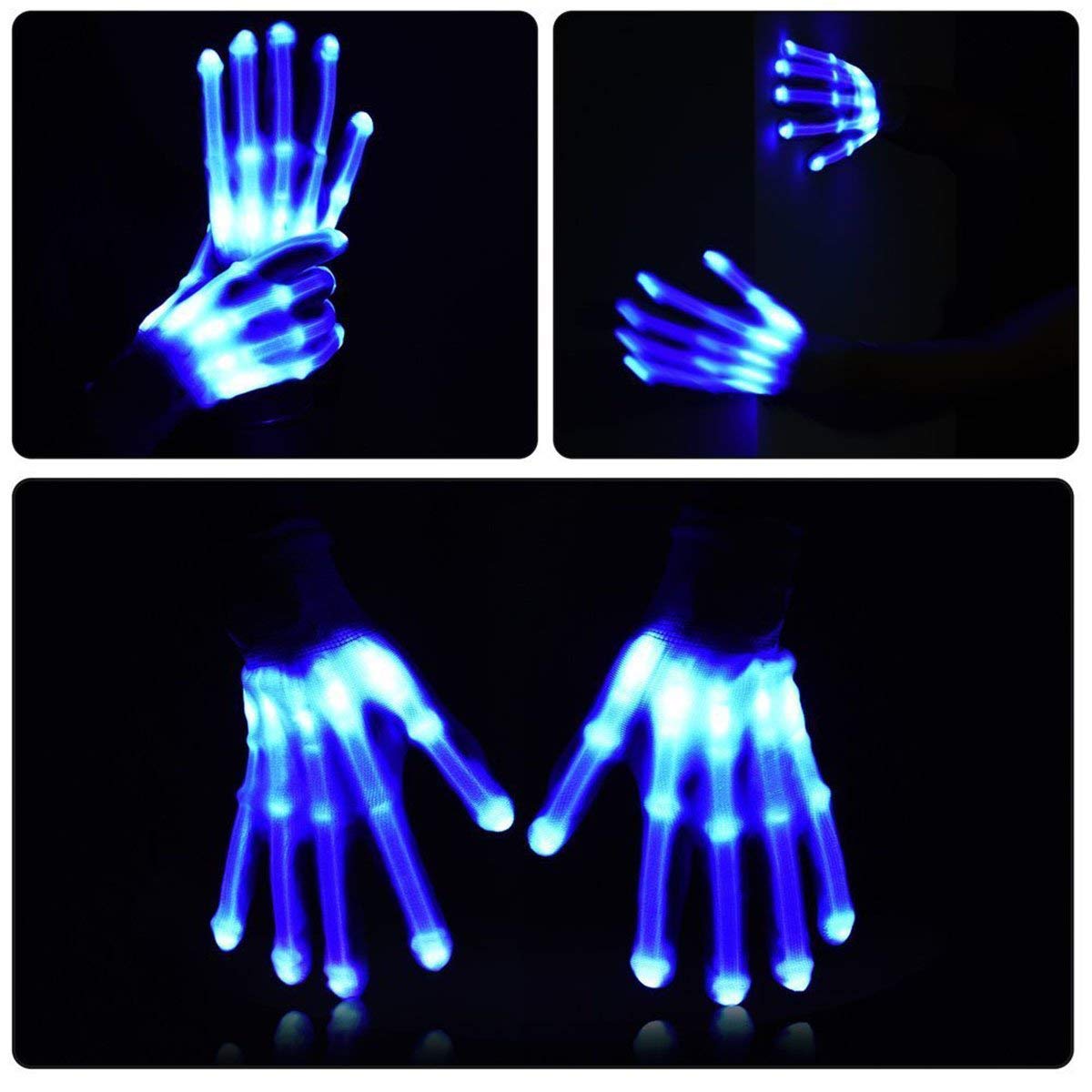 LED Gloves, Light Up Blue Flash Skeleton Hand Gloves Single Colour 3 Modes Glow for Festivals/ Halloween/ Christmas/ Bonfire Night/ Party/ Games/ Gift, Small Size Kids(5-10 yrs Blue)
