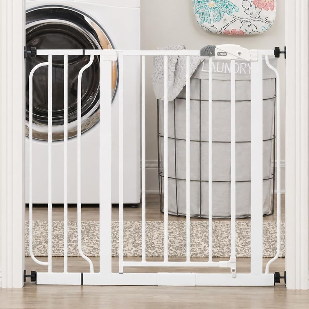 Regalo Safety 29"-38.5" Easy Step Baby Gate, Bottom of Stairs & Doorways | Pressure Mounted with Door, For Babies, Toddlers &