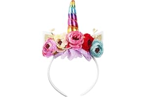 Nishine Girls Glitter Unicorn Horn Headband Camellia Pony Head Band Flower Hair Band Tiara for Party Birthday Gift