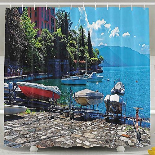 XsWu Coastal Italian Harbor In Verena With Fishing And Sail Boats European Sea Town Picture Shower Curtain Bath Curtain With Hooks 60x72