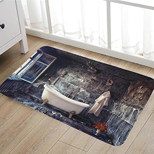 Antique bath mats for floors Bathtub in Old Room Bathroom Fresh Flower Bouquet Vase Victorian Retro Style door mat indoors Bathroom Mats Non Slip 20"x31" White Brown Grey