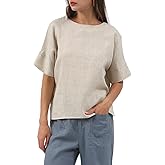 Amazhiyu Womens 100% Linen Tops Crewneck Short Sleeve Blouses Casual Summer