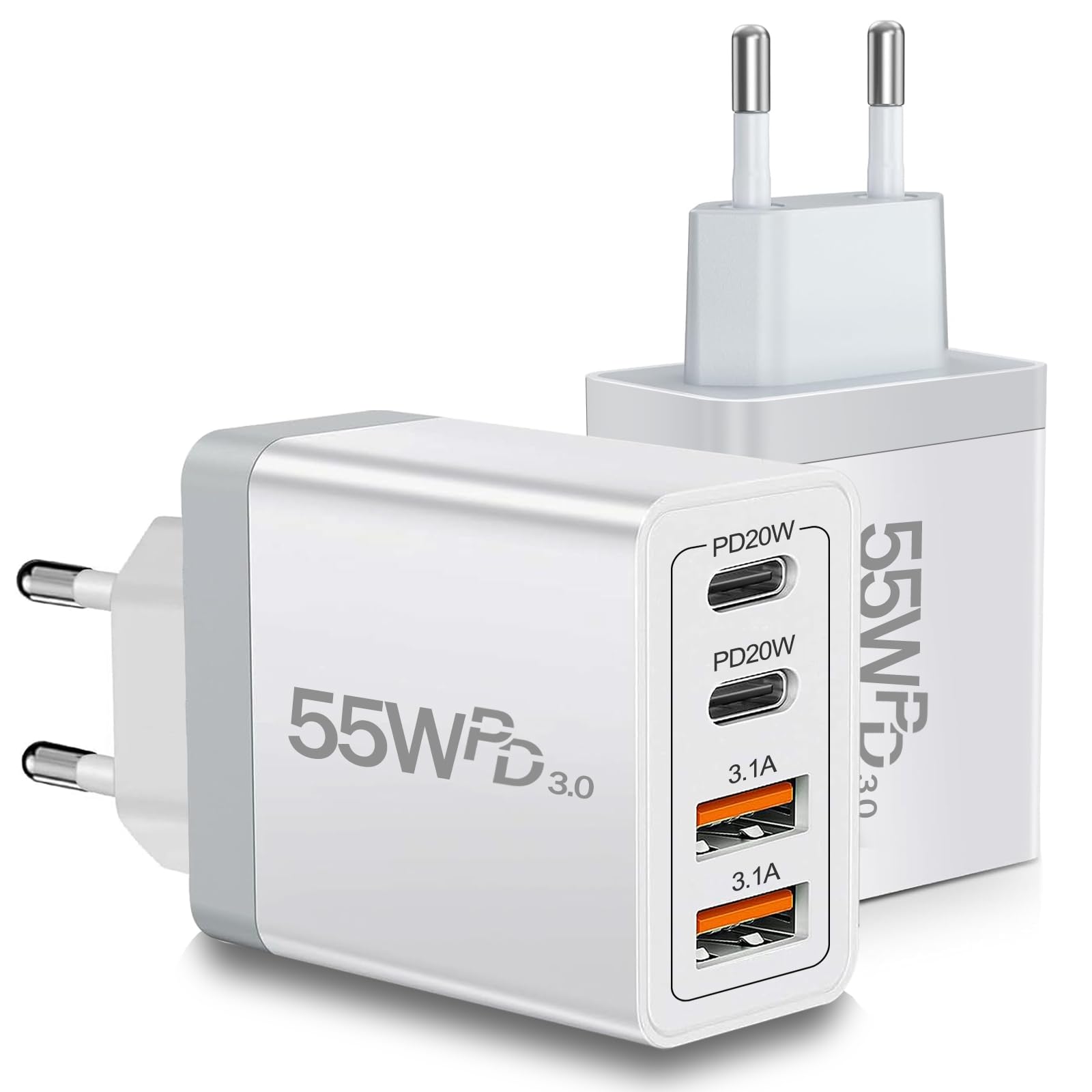 European USB C Charger 2 Pack, 55W European Travel Plug Adapter 4-Port Fast Charger Type C Wall Charger USA to Europe Plug Adaptor for iPhone 17 16 15 14 13 12 11 Pro Max X 8, Galaxy, Android