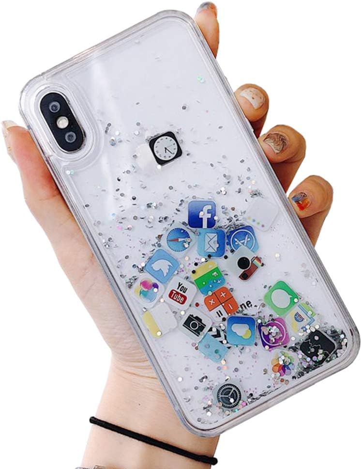 Skoveph Liquid Glitter Case Compatible with iPhone XR, Hard Back Colorful Bling Quicksand with ios icon Apple APP Shine Phone Case (iPhone XR, Silver Glitter)