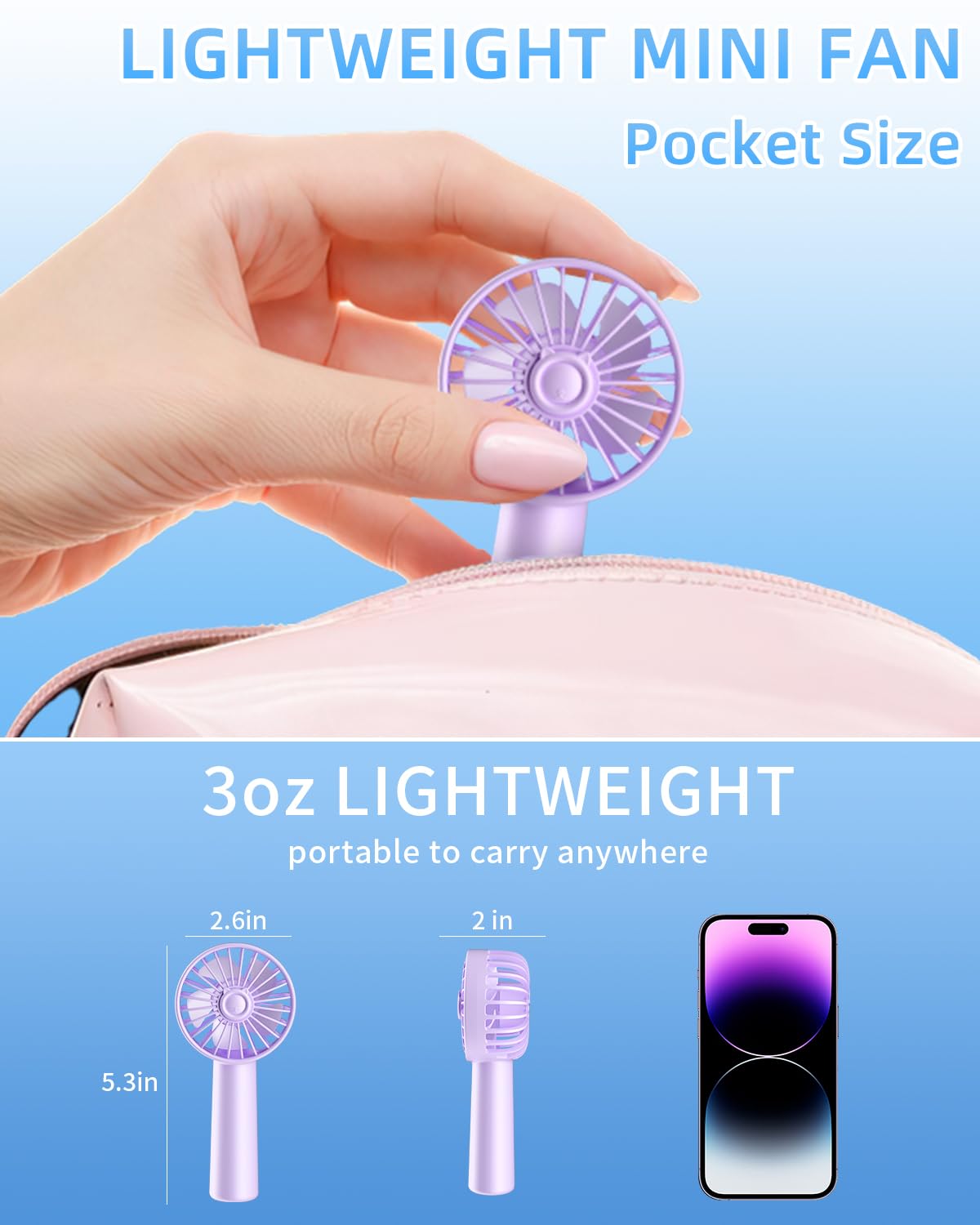 KIDEE Mini Portable Fan, Small Handheld Fan with 3 Speeds, Personal Hand Fans USB Rechargeable, Battery Operate for Outdoor Indoor Commute Office Travel