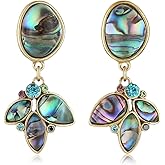 HZMAN Natural Abalone Shell Teardrop Earrings for Women with Sparkling Blue Crystals, Handmade from Brass