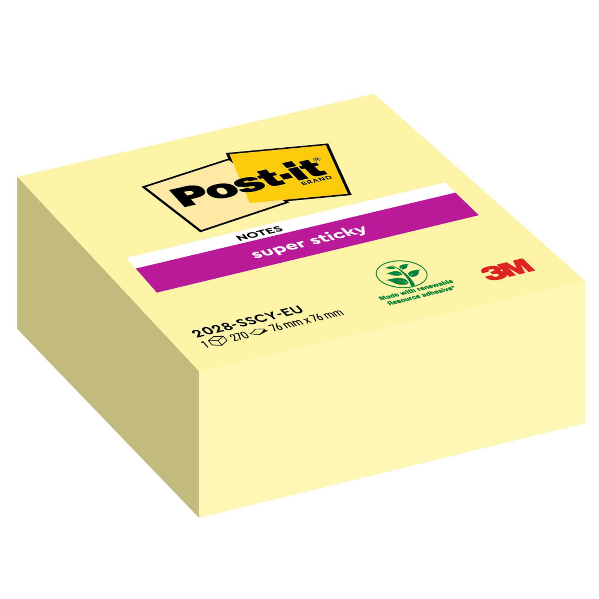 Post-it Super Sticky Notes Cube, 270 Sheets, 76 mm x 76 mm, Canary Yellow - Holds Strong to Many Surfaces - for Walls, Monitors and Fridge, Recycable