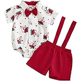 KtwHarnu Infant Baby Boy Valentines Day Outfit Excavator Button Down Short Sleeve Dress Shirts Romper Suspender Shorts Set