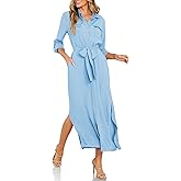 Wenrine Womens Button Down Shirt Dress Casual Chiffon 3/4 Lenght Sleeve Belted Lightweight Flowy Midi Dress with Slit